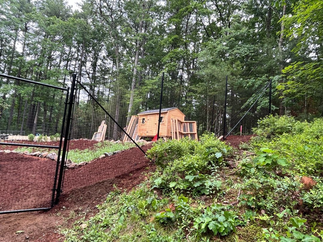 A house is being built in the middle of a forest behind a fence.