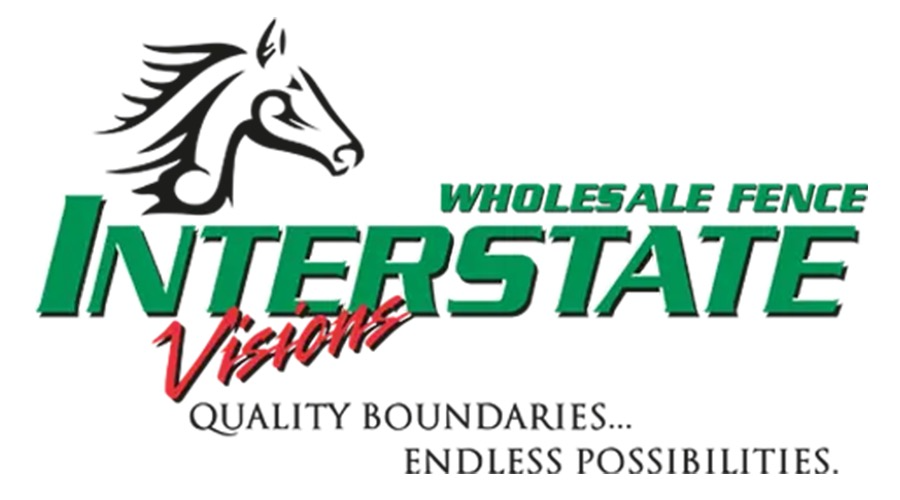 A logo for interstate fence with a horse on it