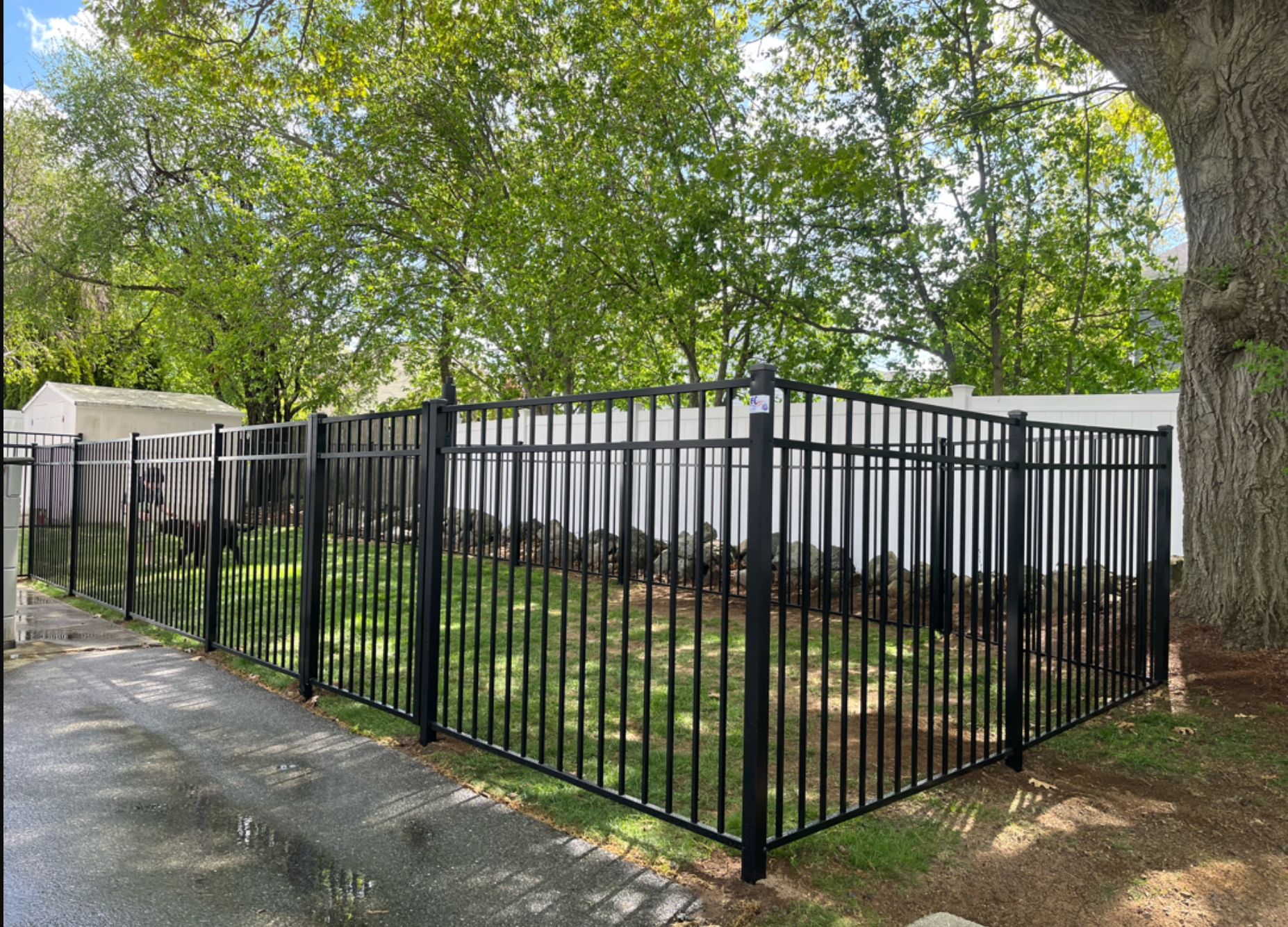 A black metal fence surrounds a lush green yard.