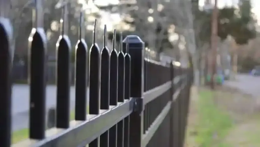 A close up of a black metal fence in a park.