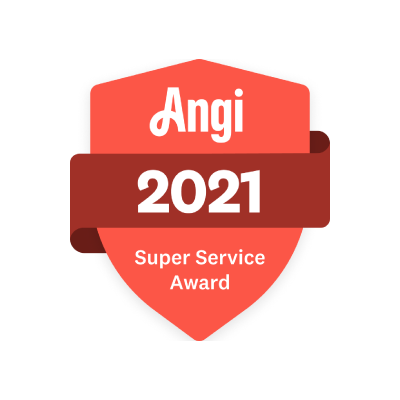 A red shield with the words `` angi 2021 super service award '' written on it.