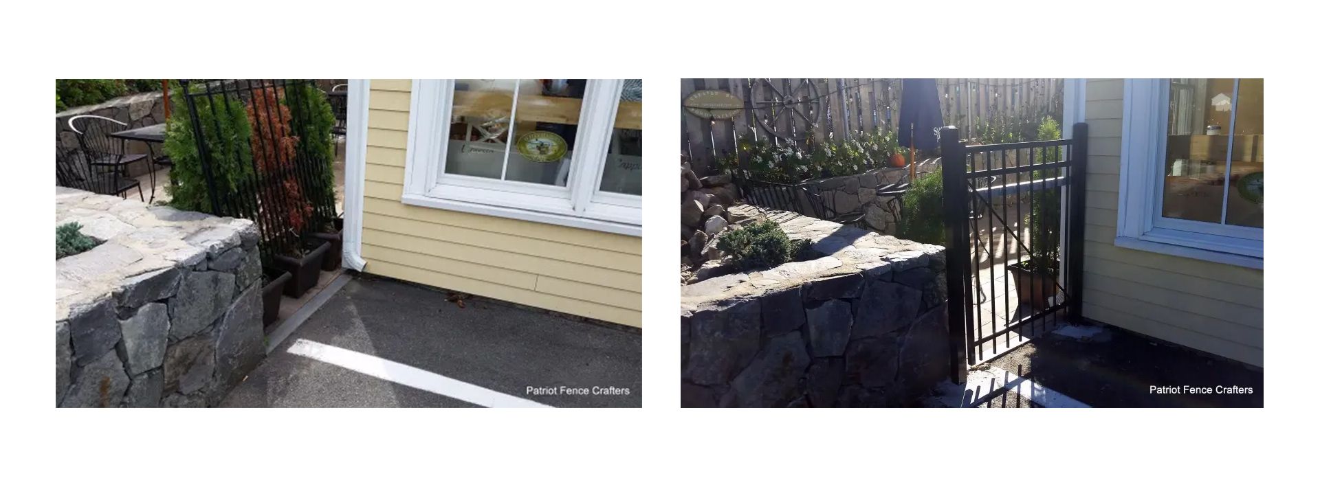 Two pictures of a house with a fence and a window.