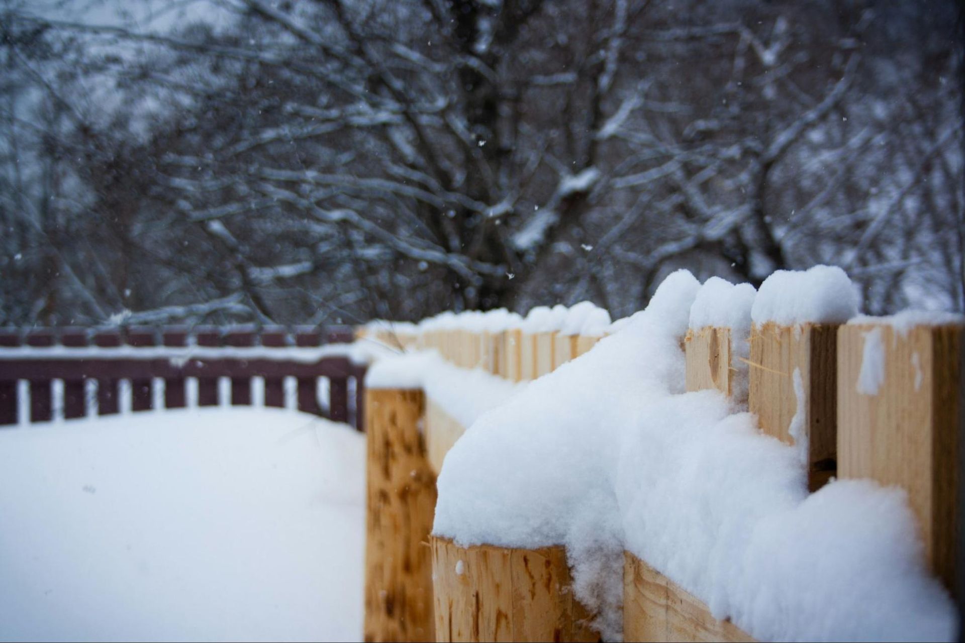 Snow-covered wooden fence in a winter scene; background with snow-dusted trees and a glimpse of a darker fence.