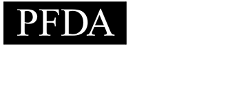 a black and white logo for pfda on a white background .