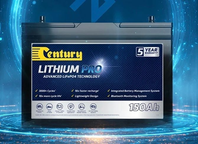 Century Lithium Pro 150Ah battery, blue and black, with a 5-year warranty. Features listed: 3000+ cycles, no fade, lightweight, integrated BMS, Bluetooth.