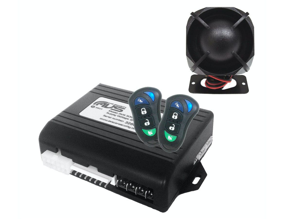 A car alarm with two remote controls and a speaker