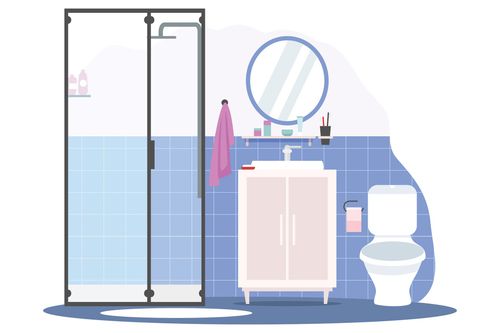 A bathroom with a toilet, sink, mirror and shower