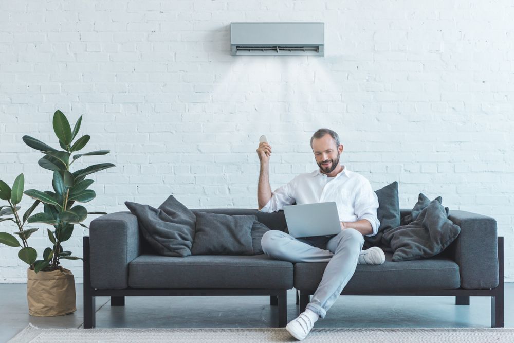 Man In The Living Room Using Air Conditioner And Laptop — Oriel Refrigeration and Air Conditioning in Dubbo, NSW
