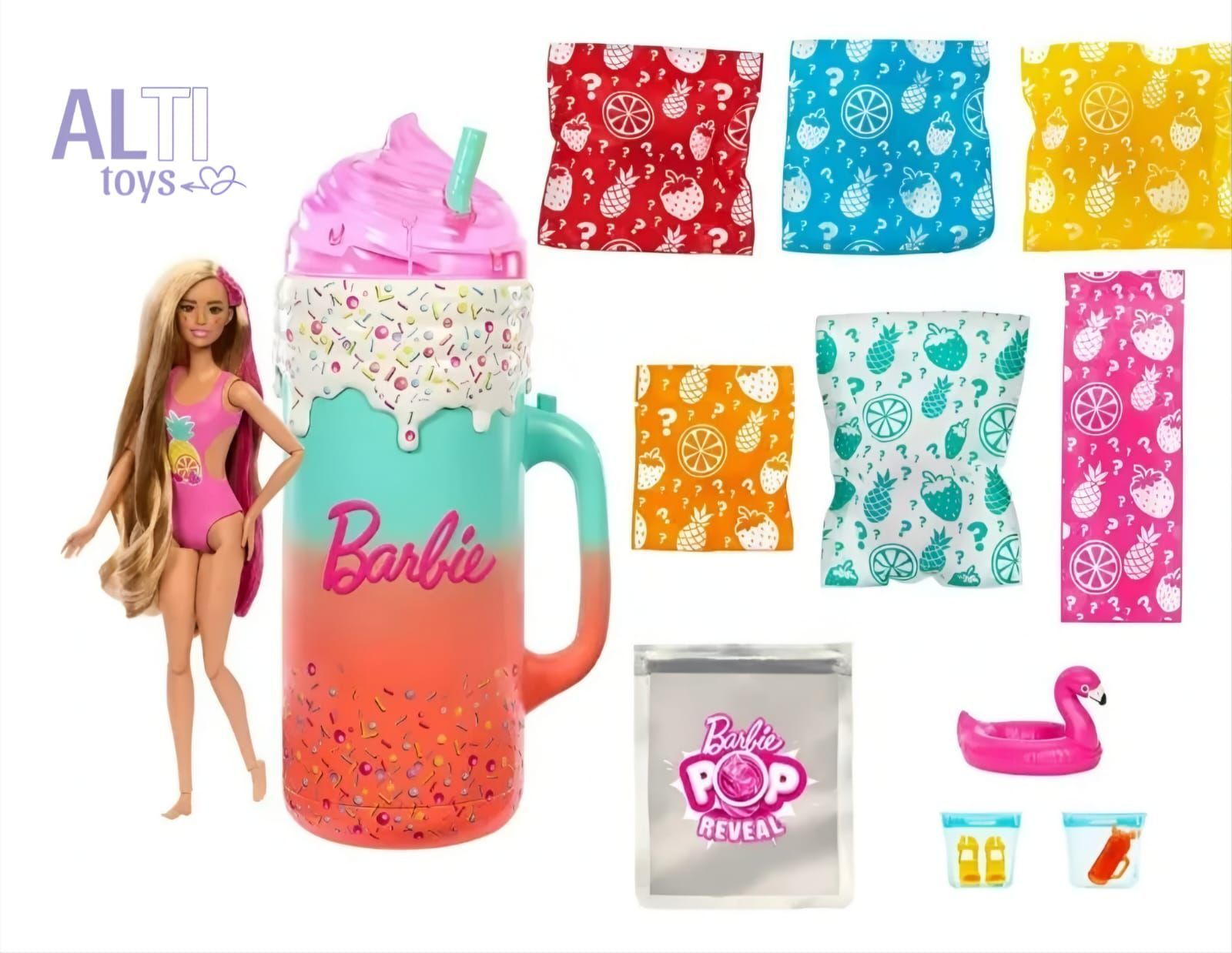 Una niña con la boca abierta observa a una muñeca Barbie que emerge de una taza gigante. La muñeca lleva traje de baño y flotador. Colores rosa y naranja.