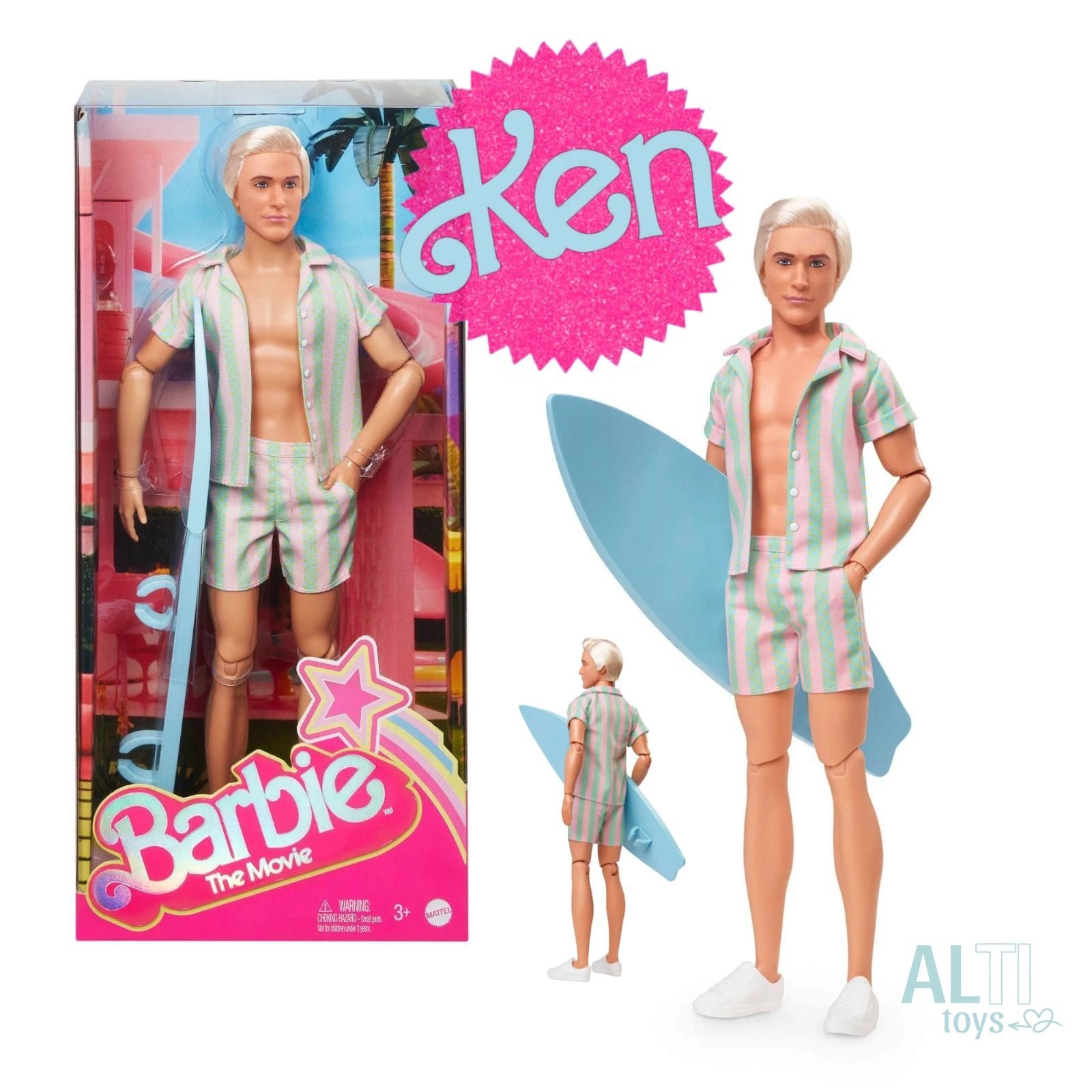 Muñeco Ken de Barbie: La Película con una camisa de rayas, pantalones cortos y sosteniendo una tabla de surf azul.