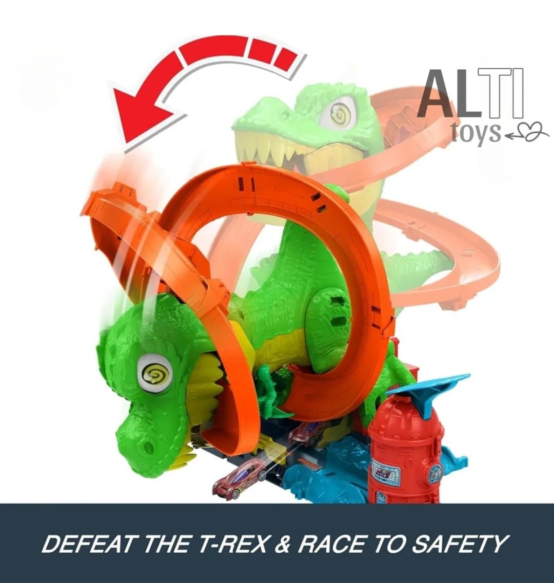 Juego de pistas Hot Wheels con temática de dinosaurios, un looping, un dinosaurio verde rugiente y un auto rojo.