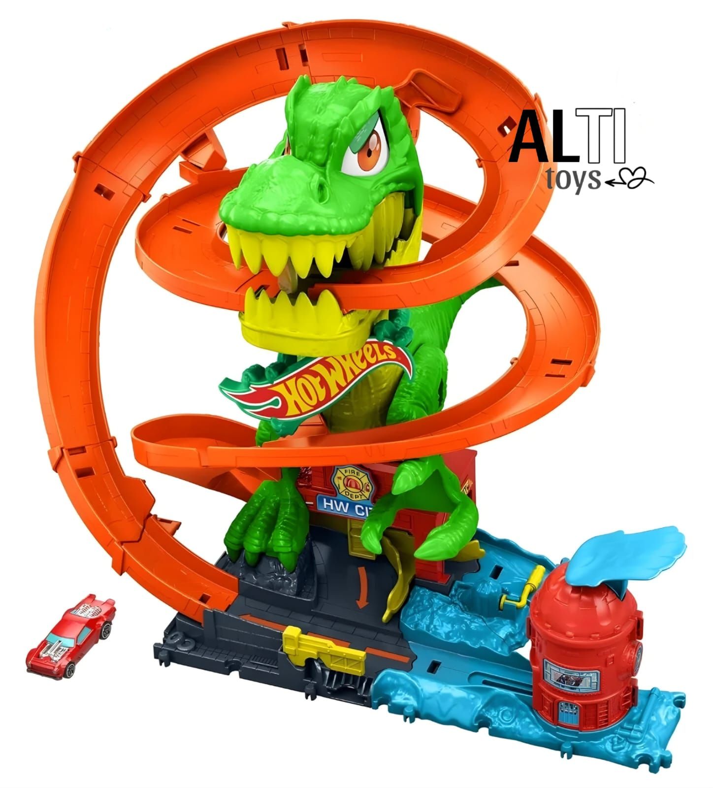 Juego de pistas Hot Wheels con temática de dinosaurios, un looping, un dinosaurio verde rugiente y un auto rojo.