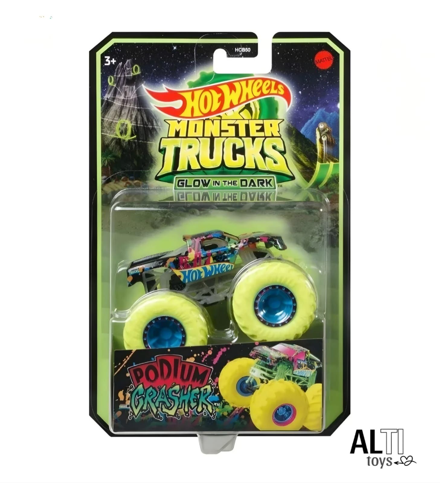 Juguete Hot Wheels Monster Trucks "Podium Crasher" en embalaje, con detalles verde neón que brillan en la oscuridad.