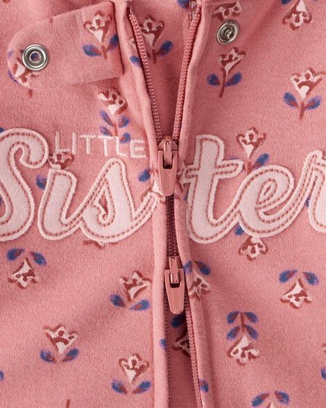 Pijama rosa con pies para bebé, estampado floral y bordado 