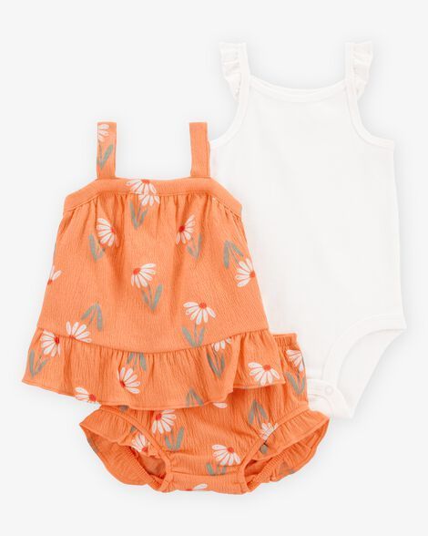 Conjunto floral de tres piezas Carters - Naranja/Blanco