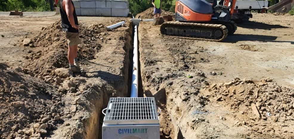 A Man Is Standing Next to A Drainage and An Excavator — Kontek Constructions in Beaudesert, QLD