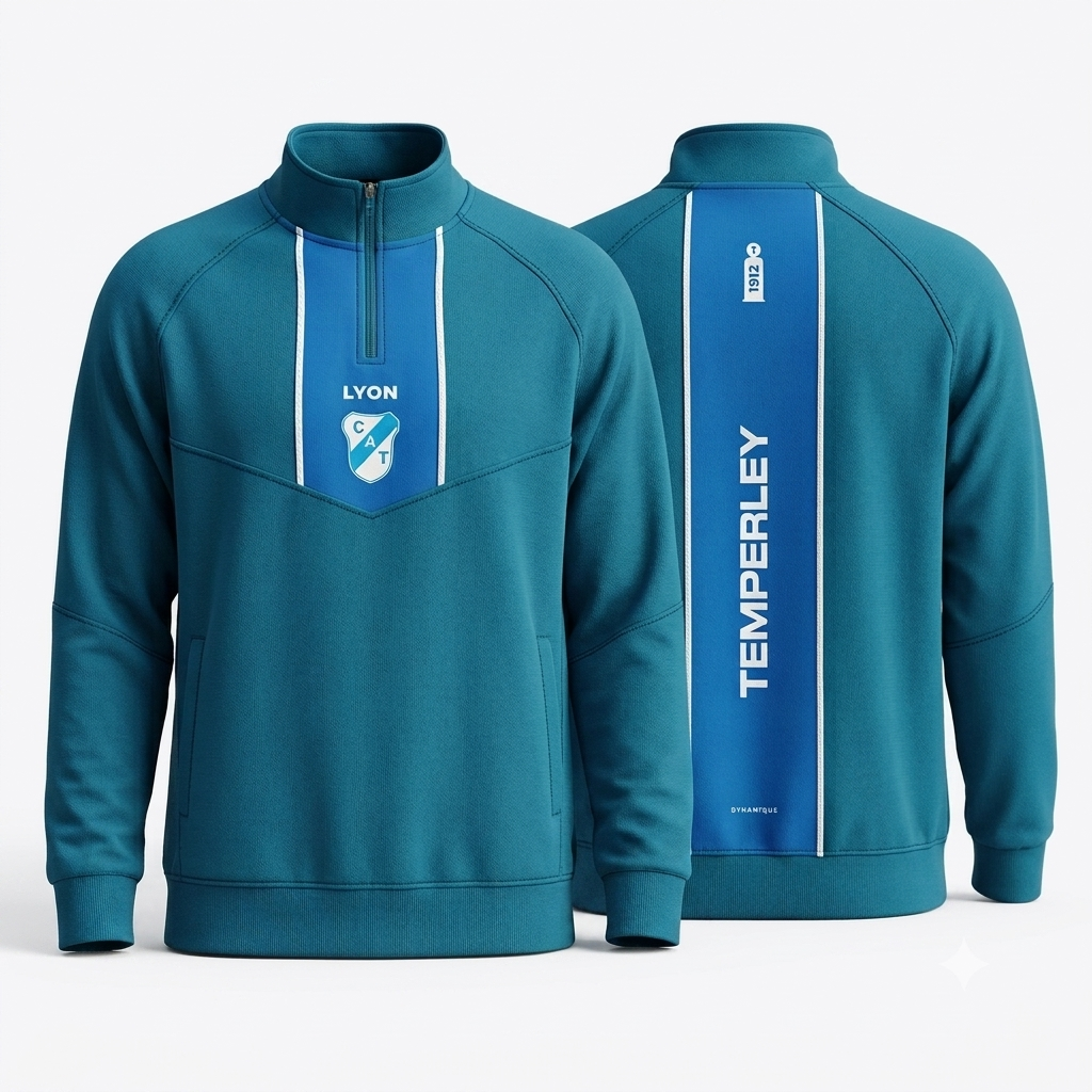 Sudadera color verde azulado, vista por delante y por detrás, con el logotipo de Lyon and Temperley.