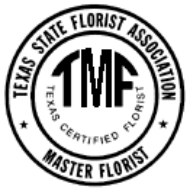 Texas State Florist Association Master Florist certification logo with circular black text and TMF initials
