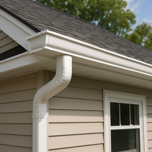 A house with a white gutter and a window