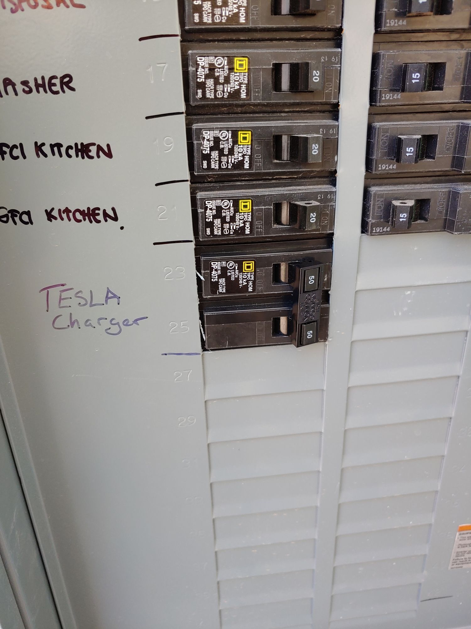 A tesla charger is written on a white board next to a electrical panel.