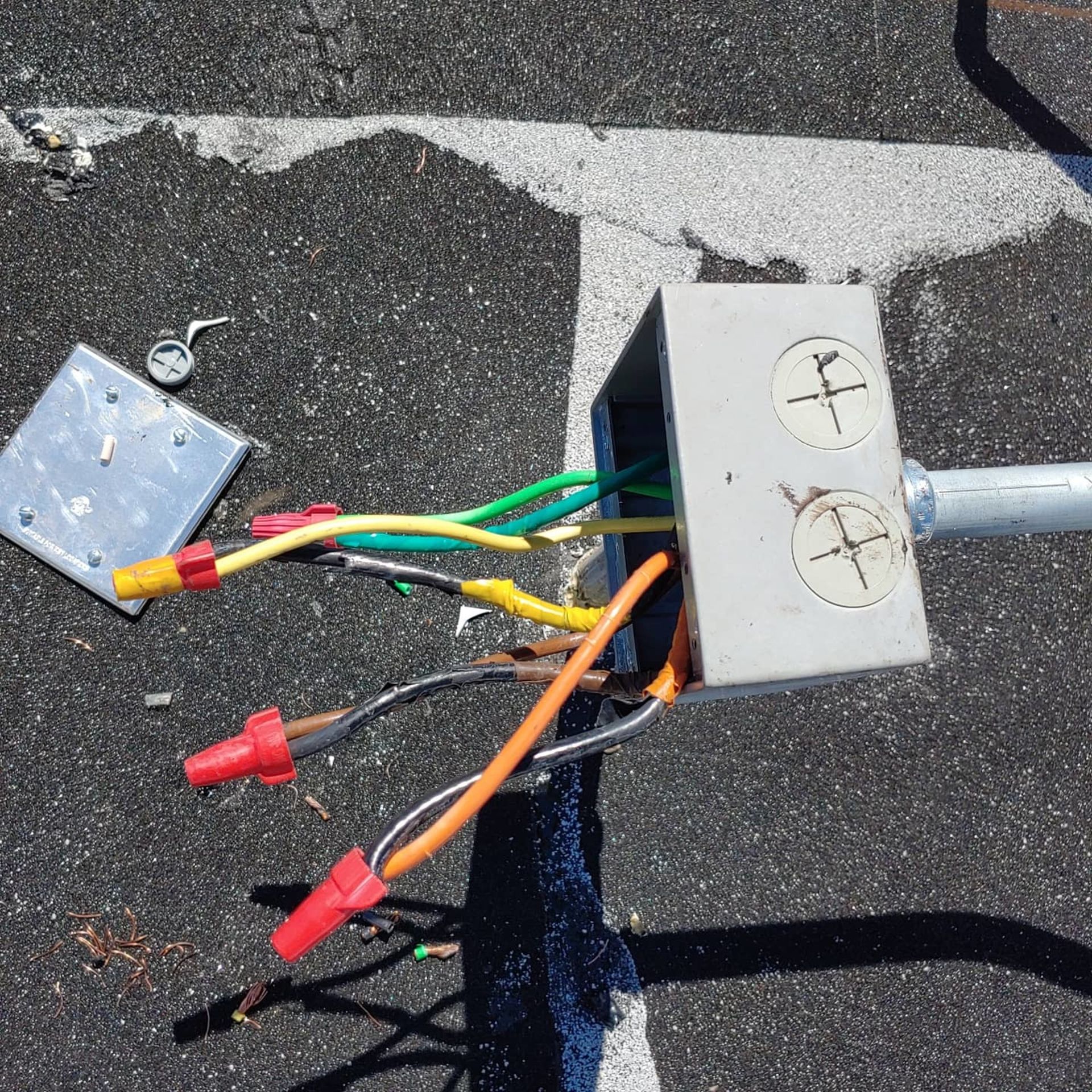 A bunch of wires are coming out of a box on the ground