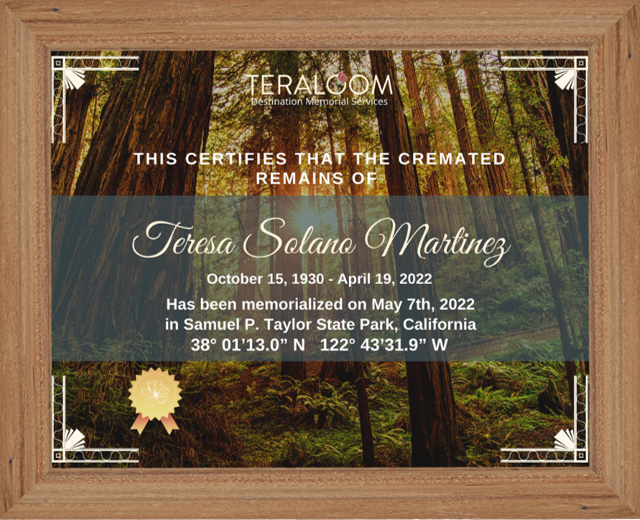 A framed certificate that certifies that the cremated remains of teresa solana martinez
