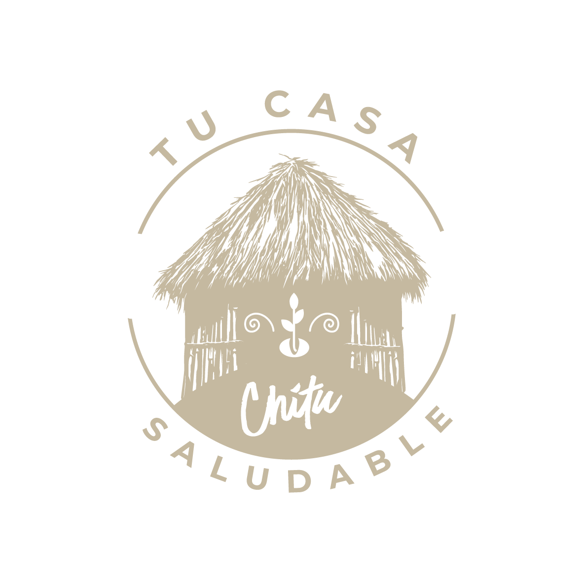 Logotipo con choza con techo de paja, texto 