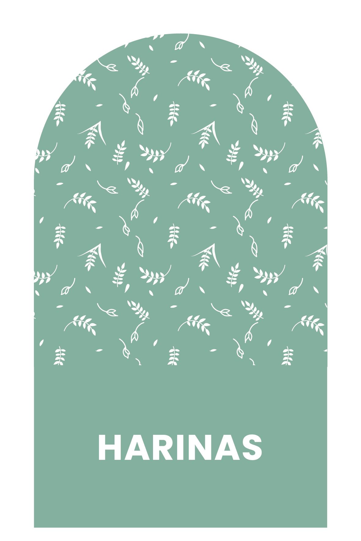 Etiqueta arqueada de color verde con diseño de hojas blancas y texto 