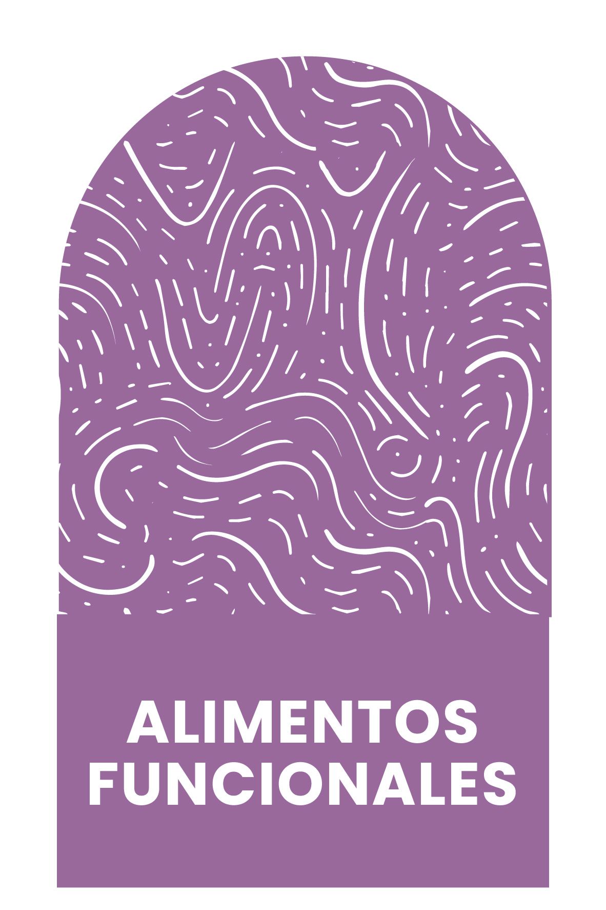 Arco morado con líneas blancas abstractas, etiquetado 