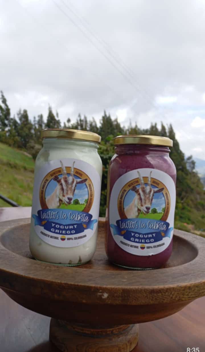 Dos frascos de yogur con el logotipo de una cabra en un recipiente de madera, sobre un fondo escénico.