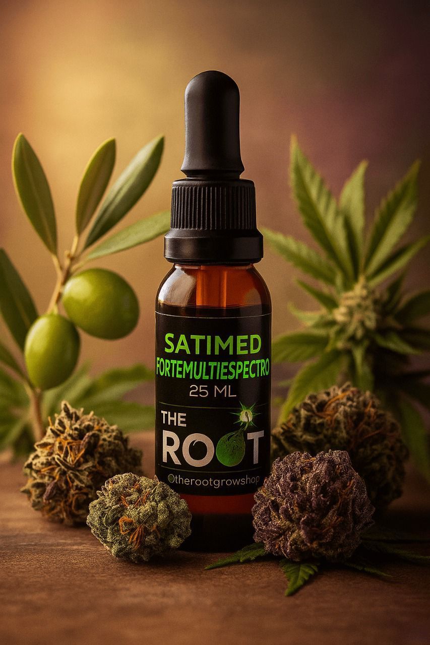 Botella de Satimed con cogollos de cannabis y rama de olivo. Botella marrón con gotero.