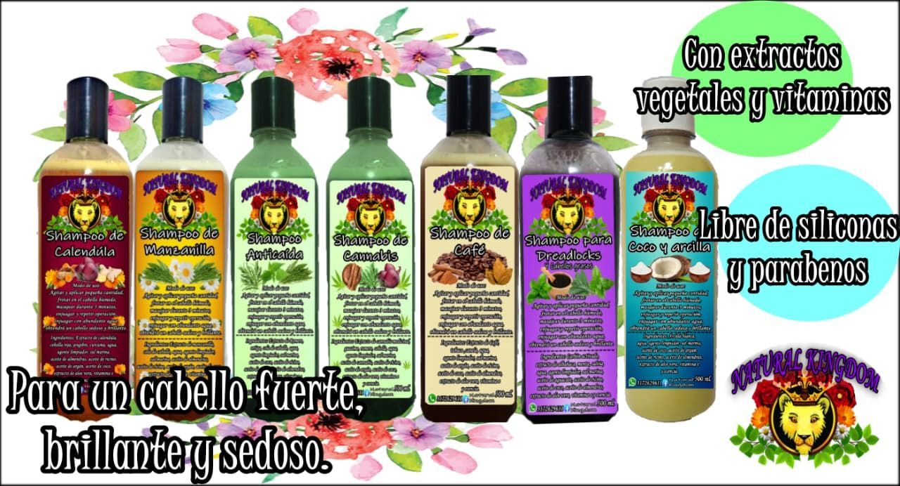 Six bottles of hair products with text 