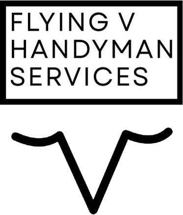 Logo for Flying V Handyman Services: Black text inside a box, "Flying V Handyman Services," below a stylized black "V" shape.