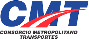 Um logotipo azul e vermelho para cmt consorcio metropolitano transportes