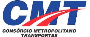 Um logotipo azul e vermelho para cmt consorcio metropolitano transportes