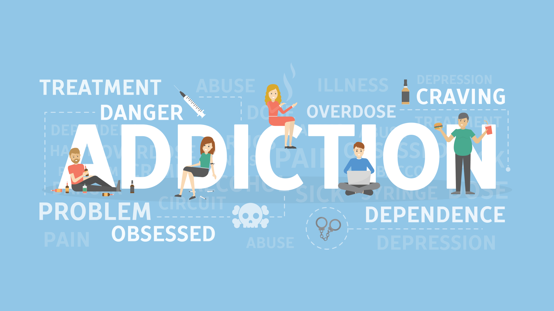 an infographic showing words and images associated with addiction