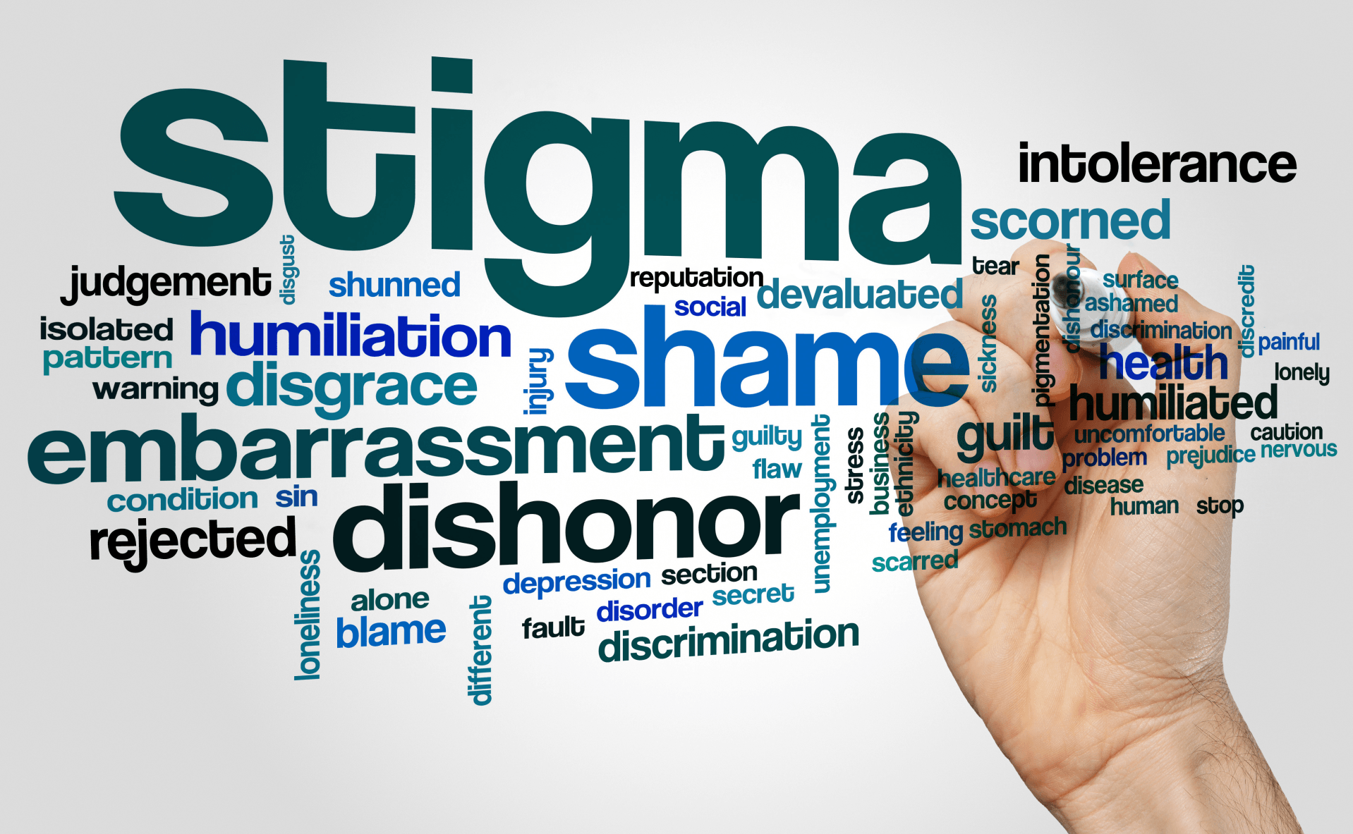 a hand writing words associated with stigma