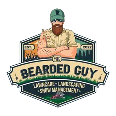Logo: Bearded man in a cap, arms crossed, with "The Bearded Guy" text, services include lawn care, landscaping, and snow management.