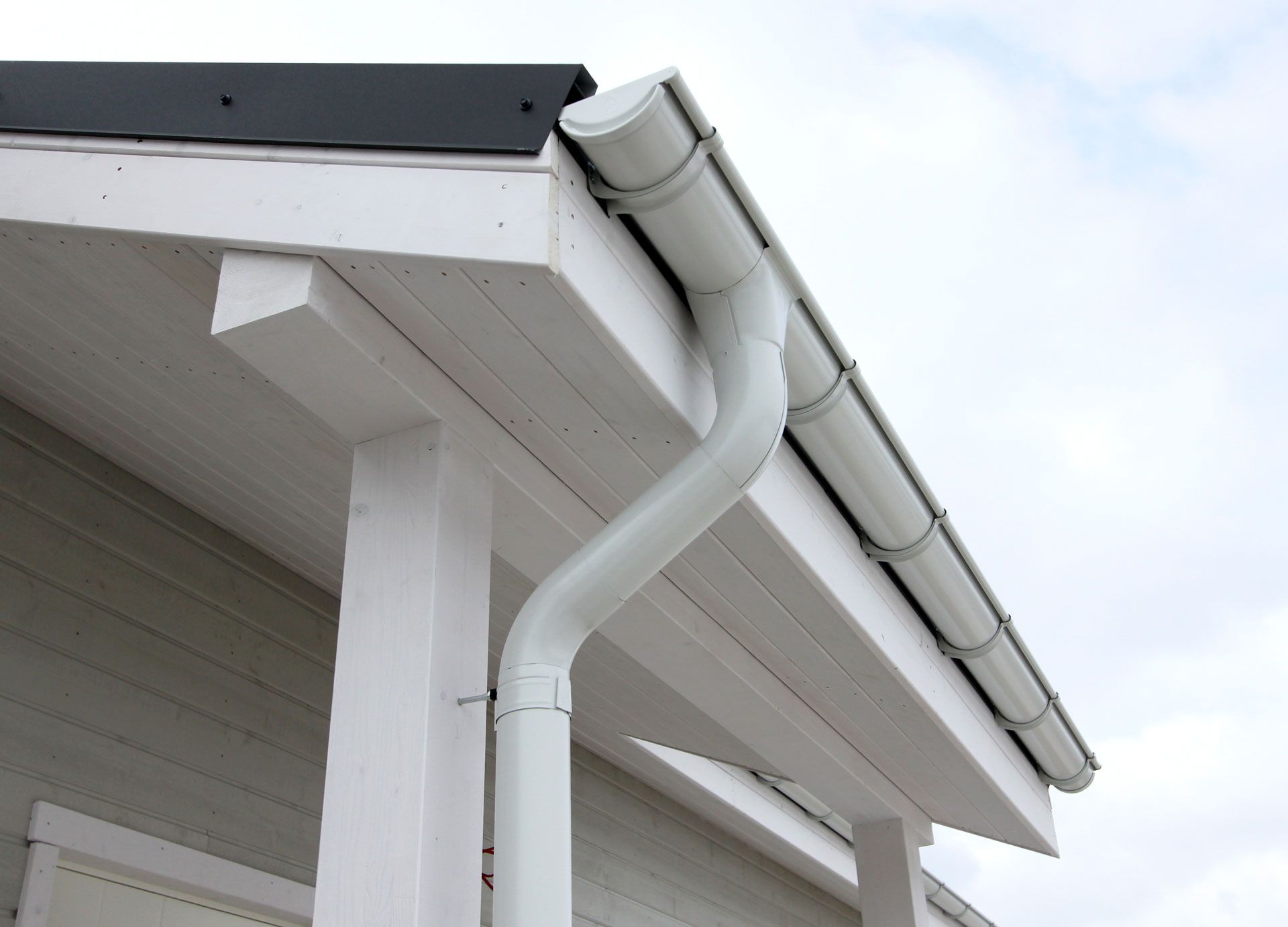 A white gutter on the side of a house