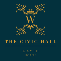 Logo for The Civic Hall Wayth Hotels, gold text and accents on dark teal background.