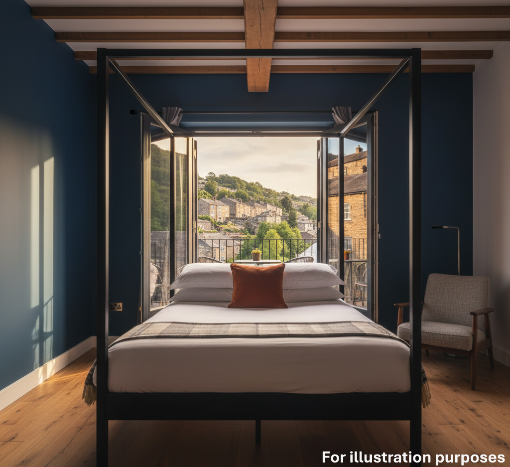 Bedroom with open doors overlooking a town. Four-poster bed, blue walls, wooden beams, chair.