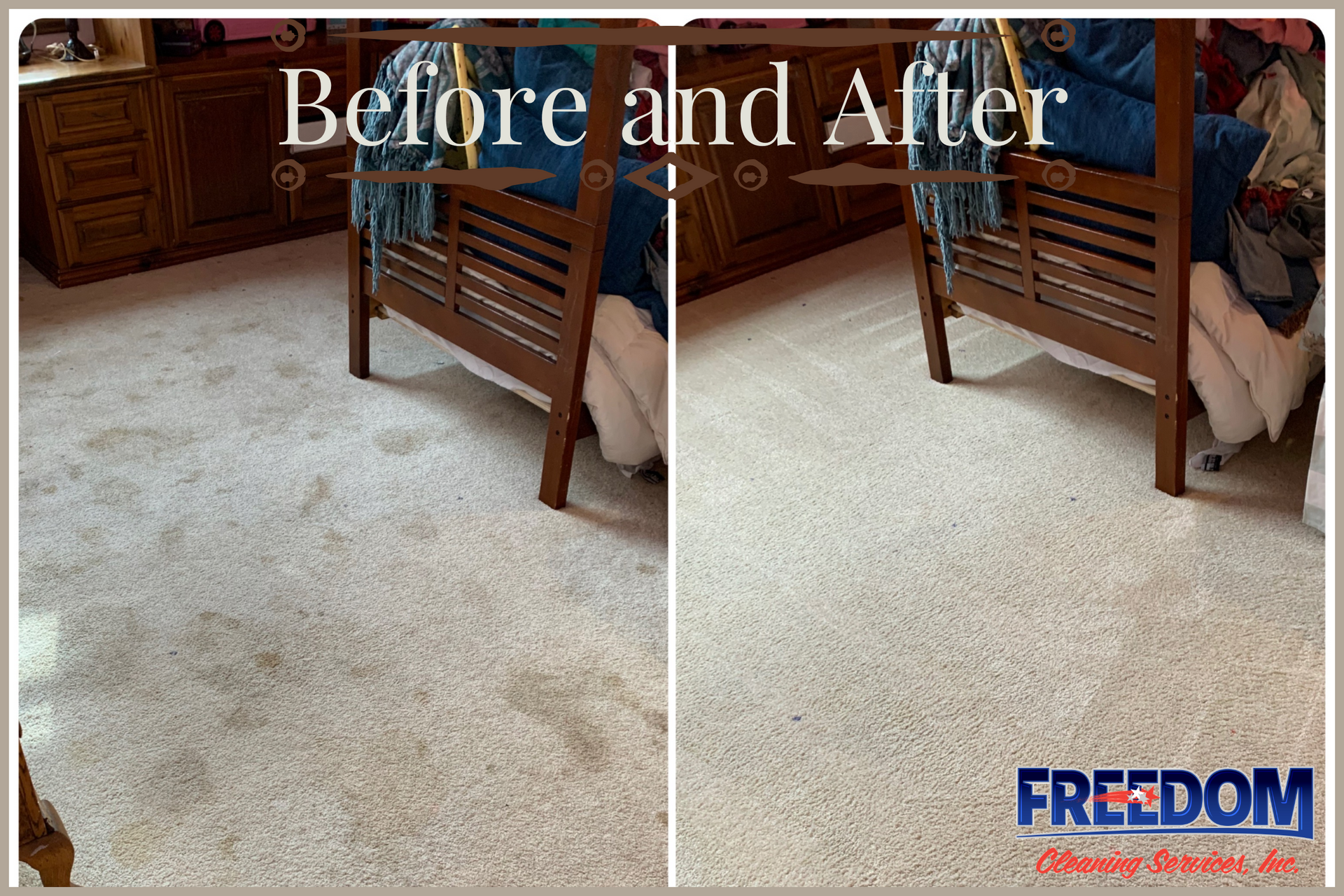 A before and after photo of a carpet in a living room.