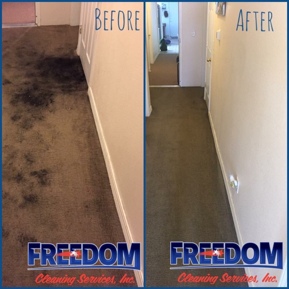 A picture of a hallway before and after cleaning by freedom cleaning services