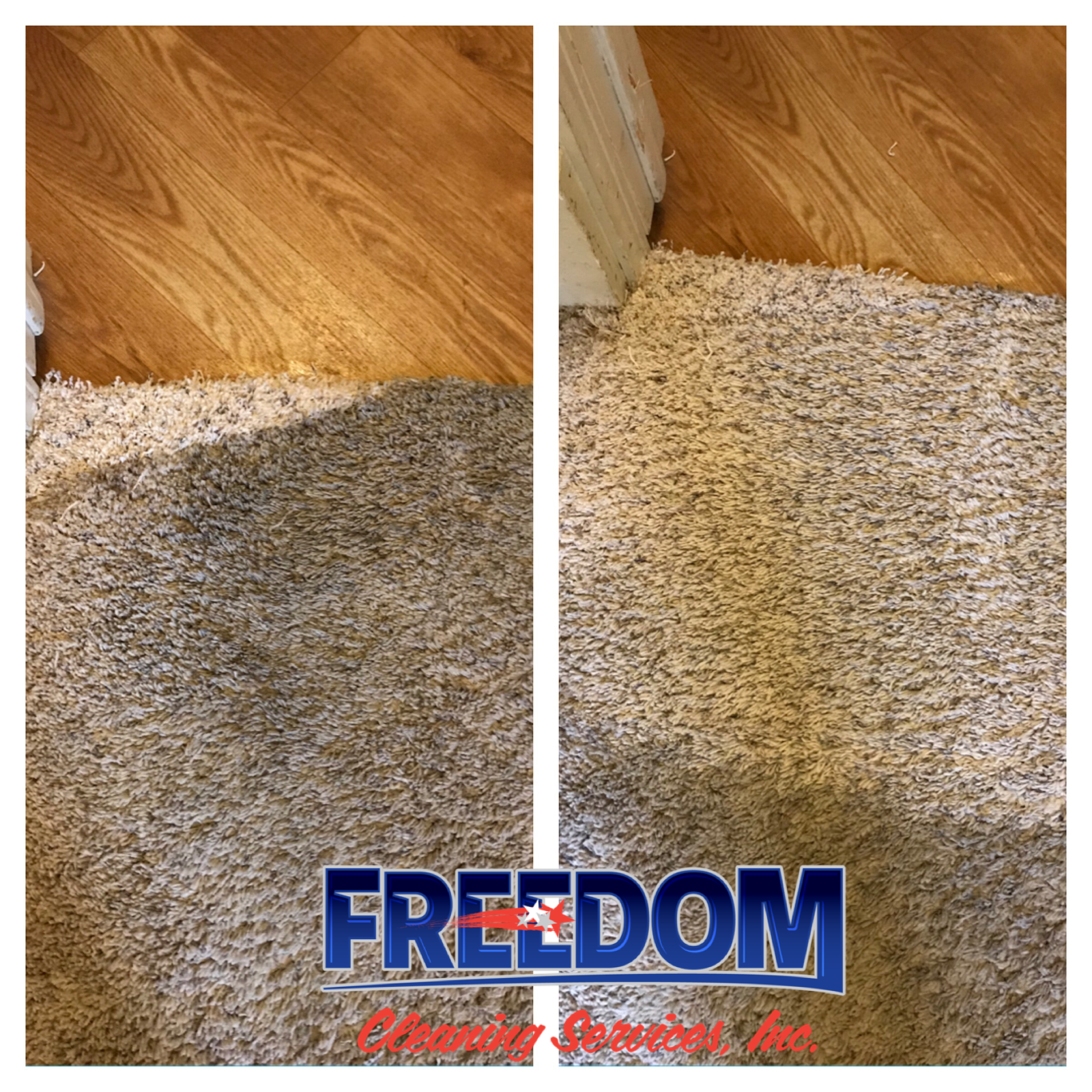 A before and after picture of a carpet being cleaned by freedom carpet cleaning.