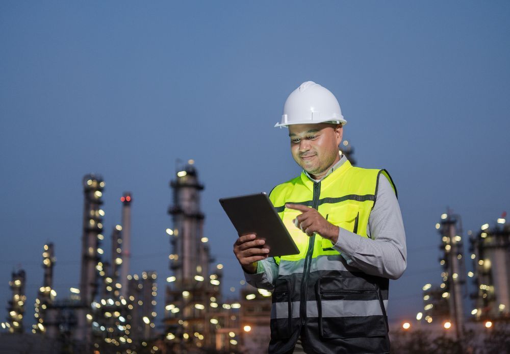 A man in a hard hat is using a tablet.