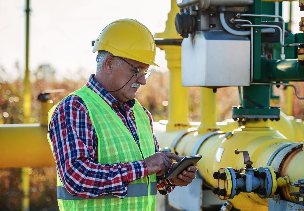 A man wearing a hard hat and safety vest is looking at a tablet.