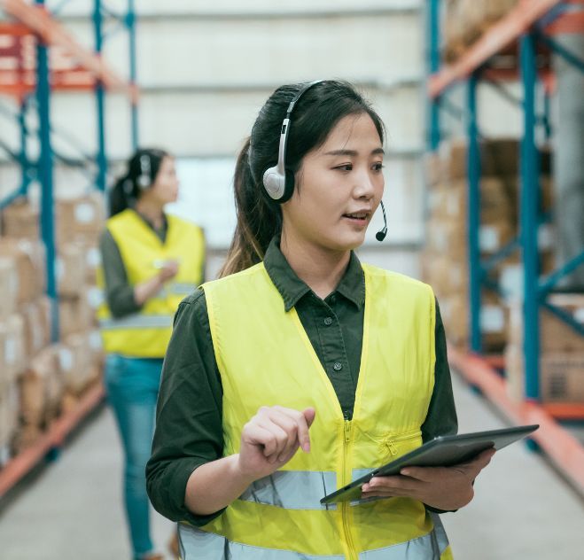 A man and a woman are standing in a warehouse looking at shelves.