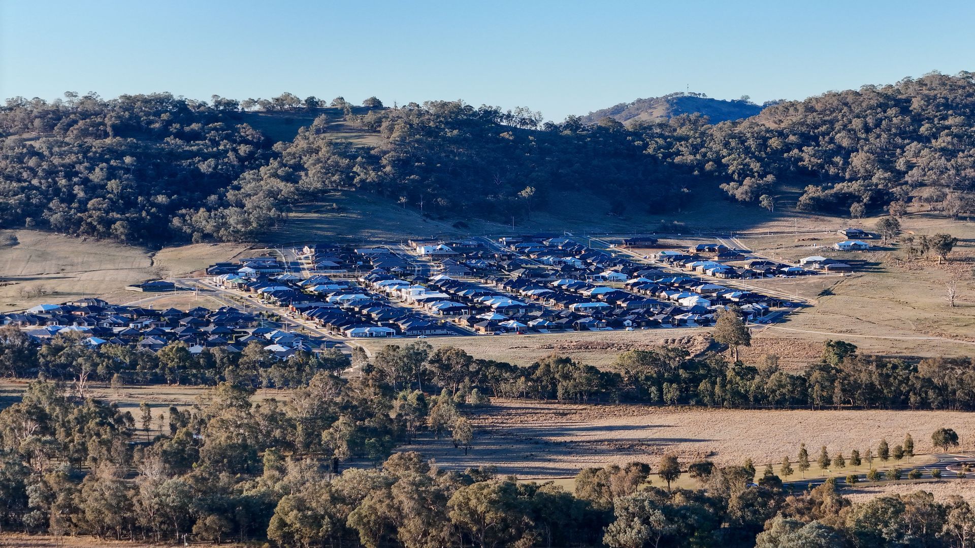 An aerial view of a residential area in Albury Wodonga with lots of houses and trees.