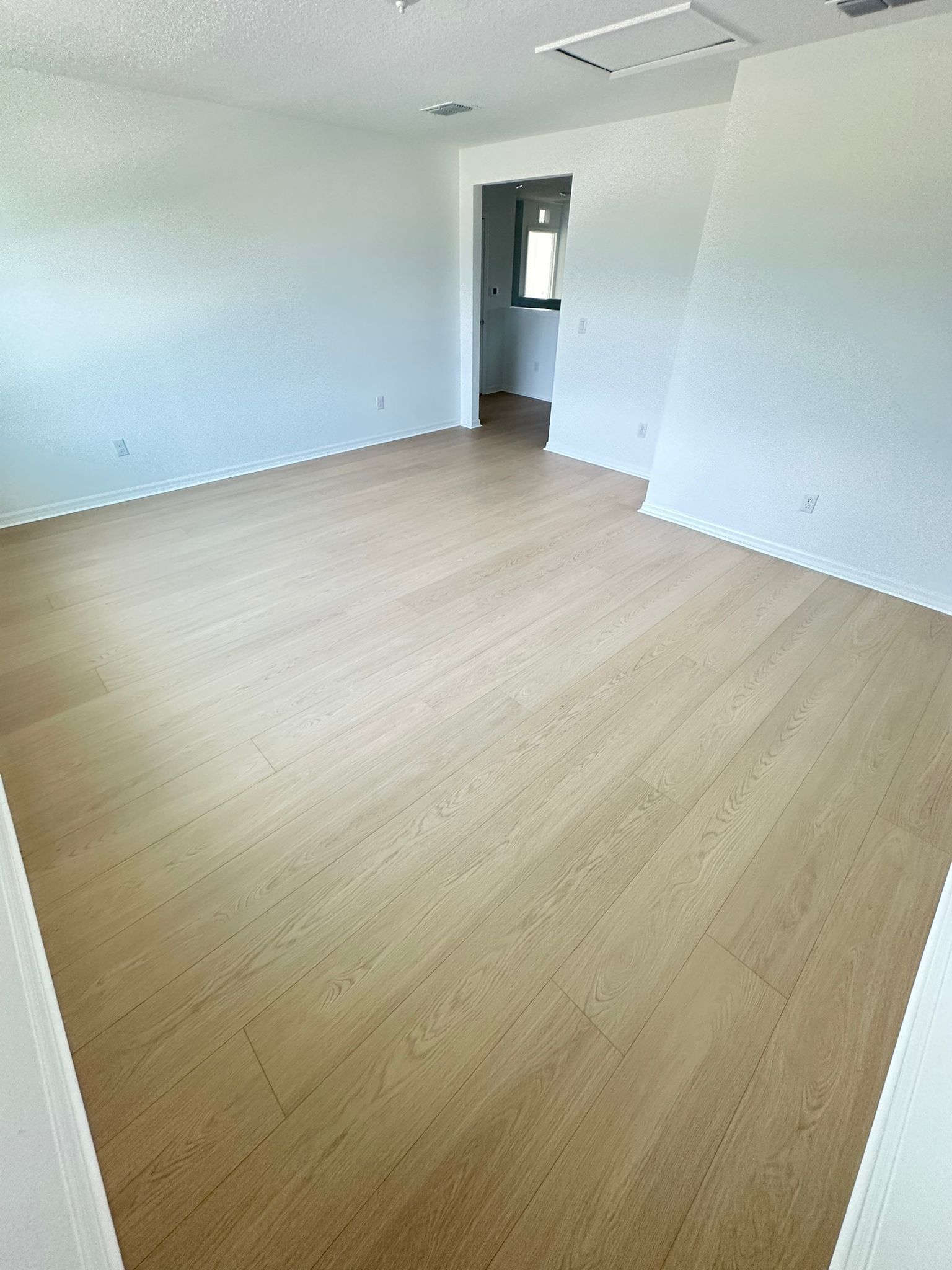 Empty room with wood-look flooring, white walls and a doorway in the back.