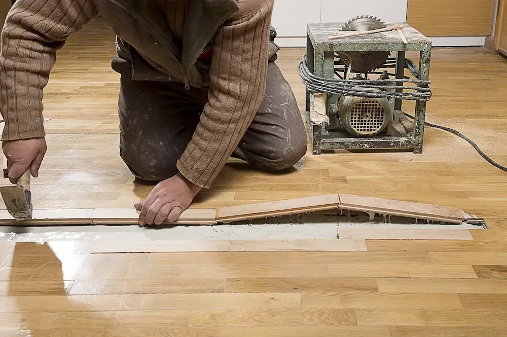 Person kneeling, applying adhesive to wood flooring; circular saw nearby.